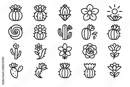 Cactus Blossom Icons. Line style icons of cactus blossoms: blooming cactus, flower crown, thorn bud, desert petal, pollen core,