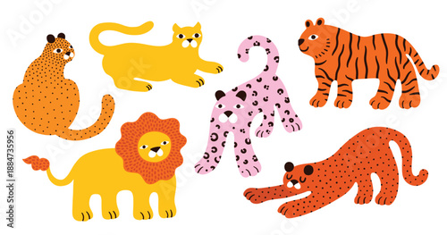 Big cats jungle wild life illustration. Simple funny style. Set of wildlife animals, collection of tiger, lion, leopard isolated. Bundle of wild cats art for print, stickers, decoration.