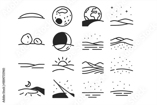 Cosmic Line Icons. Line style icons of cosmic landscapes: horizon glow, crater rim, distant Earth, star sky, surface rock, shadow