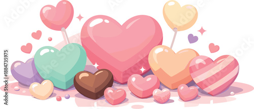 Candy Heart Romance. Romantic candy heart scene showing assorted heart-shaped sweets with glowing accents and subtle reflections,