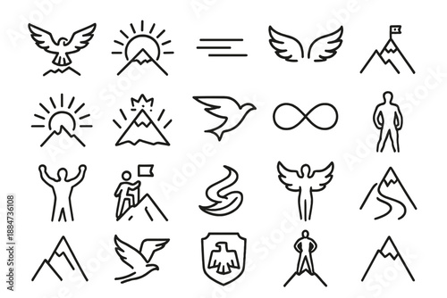 Symbolic Strength Icons. Line style icons of symbolic strength: eagle over mountain, rising sun, wind lines, open wings, summit