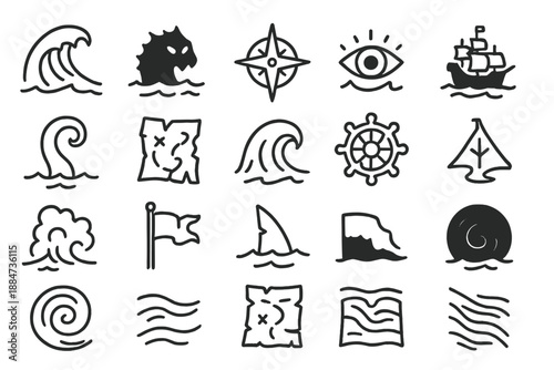 Mysterious Ocean Icons. Line style icons of mysterious seas: storm wave, shadowed monster, compass drift, glowing eye, ship
