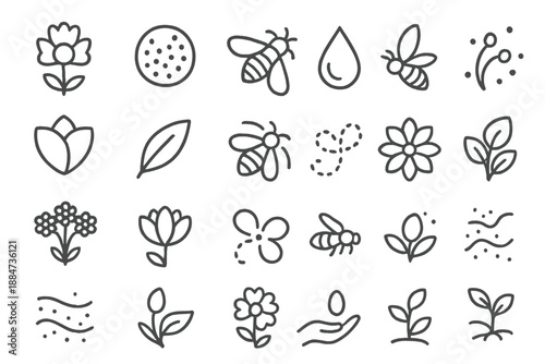 Pollination Line Art. Line style icons of pollination and flora: blooming flower, pollen grain, bee in flight, nectar drop, stamen