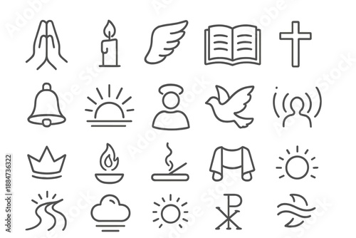 Spiritual Reverence Icons. Line style icons of Spiritual Reverence: praying hands, candle flame, angel wing, open book, holy cross