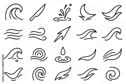 Fluid Motion Icons. Line style icons of Fluid Motion: tidal wave, knife slash, ripple spray, splash curve, mist beam, air drift,