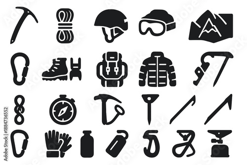 Mountain Expedition Gear Icons. Solid style icons of Mountain expedition gear: ice axe, rope bundle, safety helmet, snow goggles,