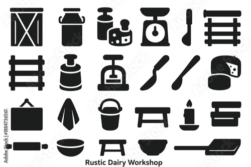 Rustic Dairy Icons. Solid style icons of Rustic Dairy Workshop: barn door, milk can, cheese board, table scale, wooden rack,