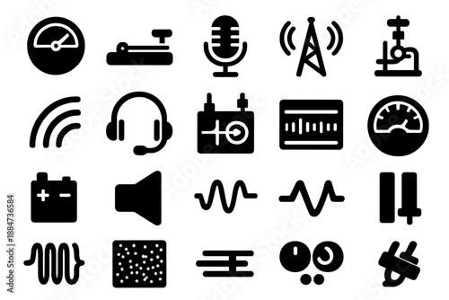 Analog Communication Icons. Solid style icons of Analog Communication: radio dial, Morse key, microphone, transmitter, signal wave
