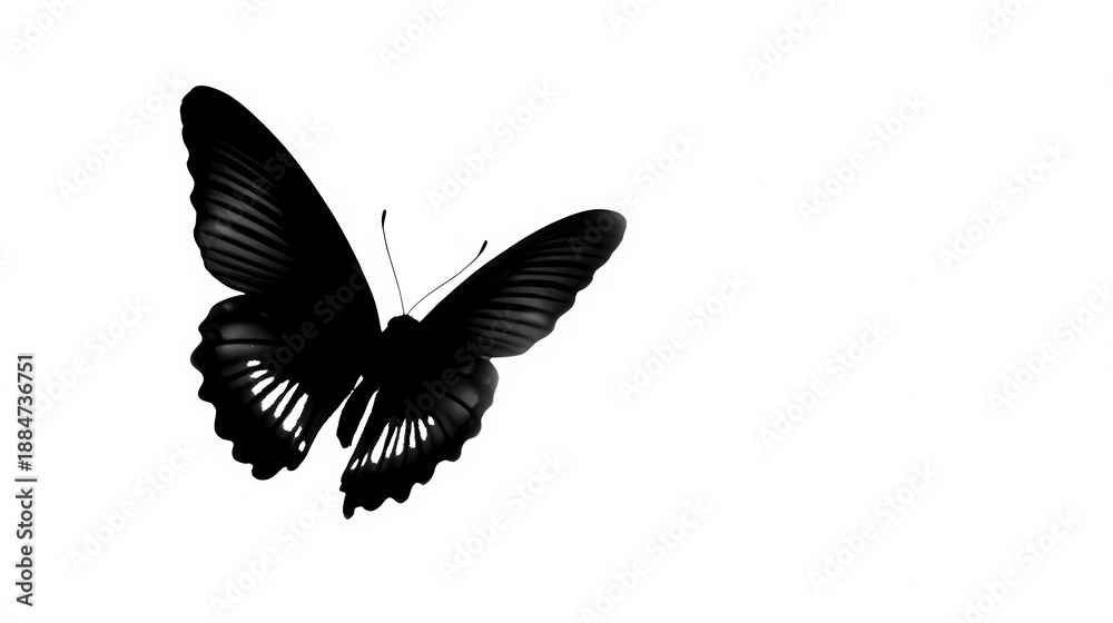Obraz premium Elegant Butterfly Silhouette: A solitary black butterfly, its wings elegantly spread, takes center stage against the minimalist backdrop, symbolizing transformation and delicate beauty.