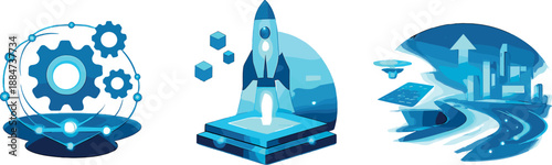 Tech Innovation Icons. Innovation-driven transformation scene illustrated through adaptive systems and emerging technology