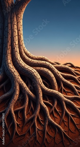 Deeply embedded root system of an enormous, ancient tree, signifying natural strength, solid foundation, and unwavering stability in life, bedrock, established, earth