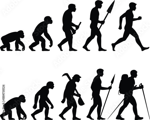 Human evolution silhouette set, black vector timeline, primitive to modern, running posture, hiking gear, lifestyle progression art