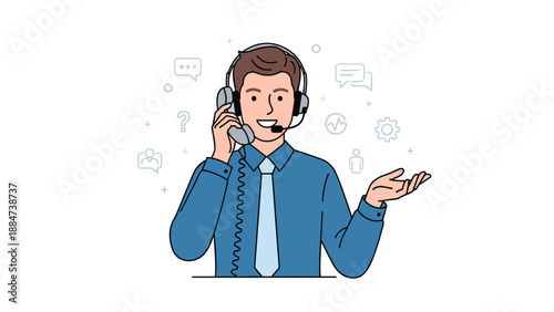 A cheerful male customer service representative, wearing a headset, actively talking on the phone while gesturing, surrounded by communication icons, signifying dedicated support.