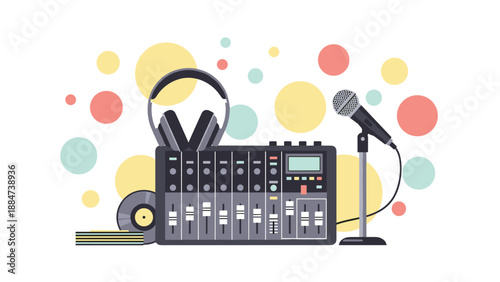 A comprehensive music production setup featuring a DJ mixing console, headphones, a microphone on a stand, and vinyl records, set against a background of colorful circles.