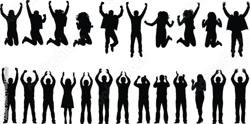Jumping people silhouettes, group celebration poses, professional teamwork success, unity diversity concept, office lifestyle motivation, career growth achievement