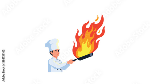 A skilled chef in a white toque and uniform confidently holds a frying pan with dramatic flames bursting upwards, demonstrating impressive flambé cooking technique.