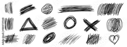 Messy doodles and curved lines made with pencil or charcoal. Vector scribbly curly brush strokes, squiggles, and tangled thin rough lines. Punk-inspired childish freehand style with sketchy pencil tex