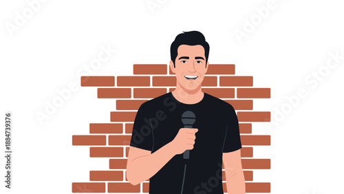 Cheerful young man with a microphone standing against a brick wall, ready to perform or host an event, radiating enthusiasm and approachability.