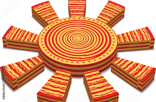 Top view of round layered sponge cake divided into eight equal slices or fractions for mathematics education and culinary portions isolated on white