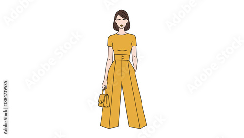 Fashionable woman standing confidently in a stylish yellow jumpsuit with a cinched waist, holding a small matching handbag, showcasing contemporary style.