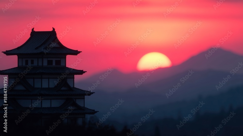 Obraz premium Edo Period Style Japanese Castle Silhouette at Sunset with Mountains