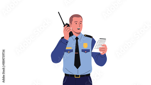 Attentive police officer in a blue uniform and black tie, speaking into a walkie-talkie while holding a document, managing a situation effectively.