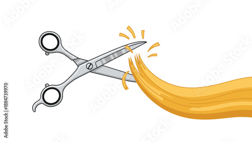 Stylized representation of a pair of silver scissors cutting a long strand of flowing blonde hair, symbolizing a haircut or styling process.