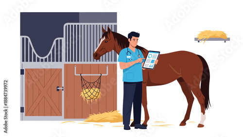 Dedicated male veterinarian in scrubs with a stethoscope, examining a horse in a stable and holding a digital tablet, providing equine care.