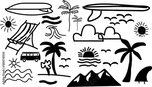 Tropical beach and surfing illustrations