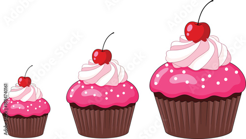 Set of three chocolate cupcakes with pink frosting white sprinkles and a red cherry on top in small medium and large sizes isolated on white