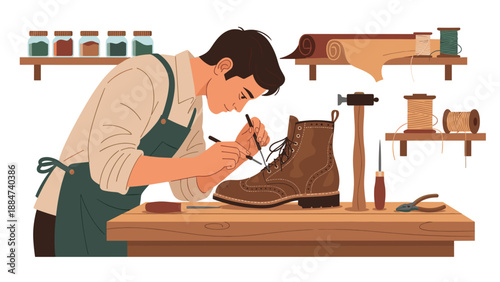 Skilled shoemaker diligently repairing a brown leather boot on a workbench, surrounded by various tools and materials, showcasing traditional craftsmanship.