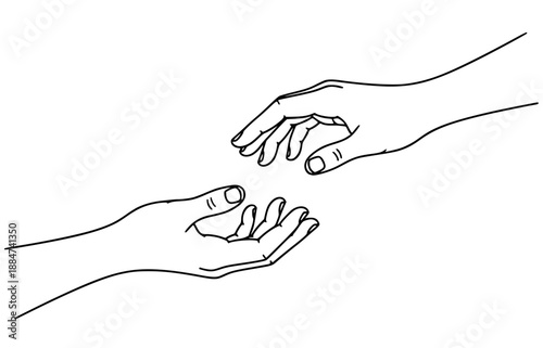 Minimalist Black and White Line Art Illustration of Two Hands Reaching Out for Connection and Support on White Background