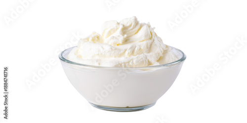 A Clear Glass Bowl Filled with Fresh White Creamy Mascarpone Cheese or Sour Cream for Cooking and Desserts on a Transparent Background.