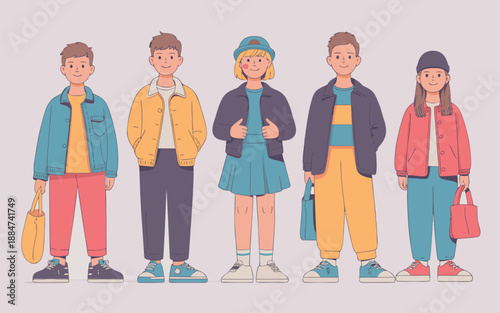 A group of five diverse children stand together each with their own unique style and casual attire