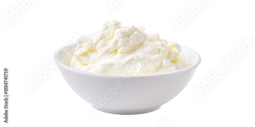 A White Ceramic Bowl Filled with Fresh and Healthy Cottage Cheese Featuring a Soft Curd Texture Is Isolated on a Transparent Background.