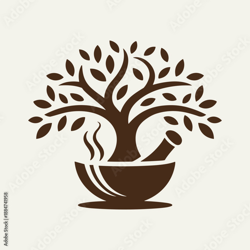 Brown tree growing out of mortar and pestle icon