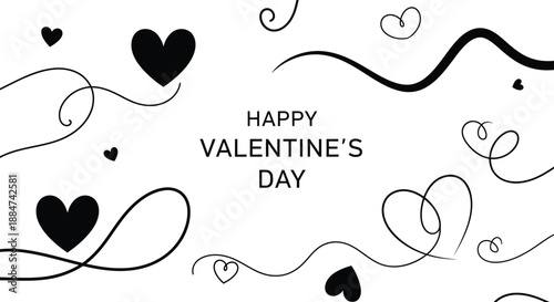 A black and white Valentine's Day card with hearts and swirling lines on a white background