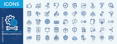Miscellaneous UI - Icon Collection. Thin Line Blue Set contains such Icons as like, graph, direction, dislike and more. Simple web icons set