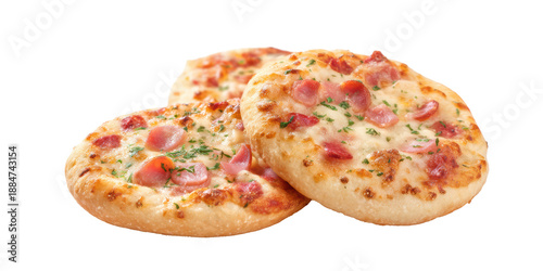 A Delicious Group of Three Mini Pizzas with Savory Sausage, Melted Mozzarella Cheese, and Fresh Herbs Isolated on a Transparent Background.