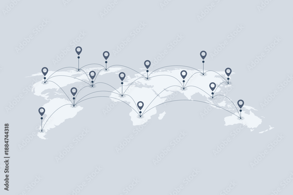 Naklejka premium World map with location pins and connection lines representing global logistics and tracking. Flat vector illustration of international shipping, supply chain, and global trade.
