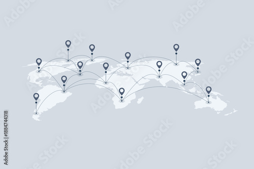 World map with location pins and connection lines representing global logistics and tracking. Flat vector illustration of international shipping, supply chain, and global trade.