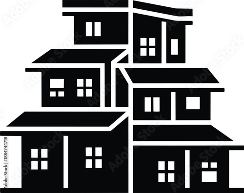 Black and white vector illustration of stacked houses