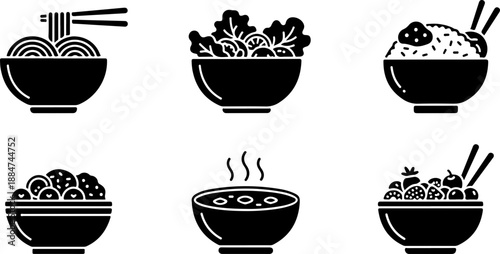 Set of food bowl icons in black stencil style, noodle soup, salad and rice