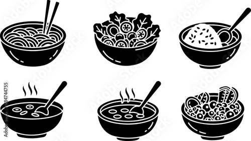 Set of food bowl icons in black stencil style, noodle soup, salad and rice