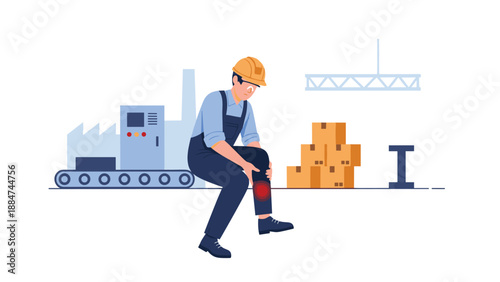 Injured construction worker sitting in a factory setting, clutching his knee with a visible red pain spot, highlighting workplace safety issues and discomfort.