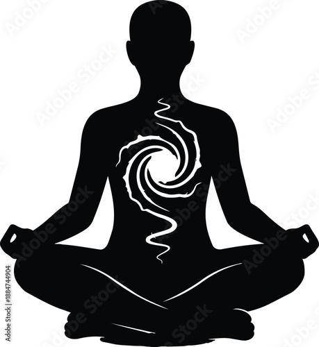 Meditating person with swirling energy inside body, yoga