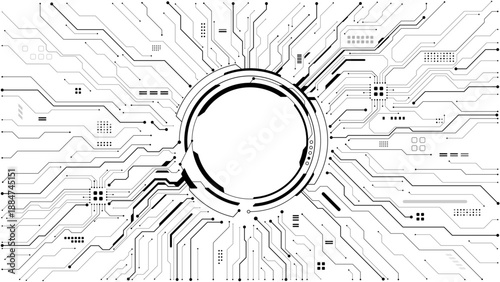 Black circuit lines radiate from central tech portal on a transparent background. Modern chip design with electric wires spreading outward. Digital semiconductor concept illustration. Circle HUD