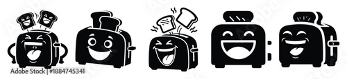 Silhouette of cartoon laughing toaster vector icon set. Funny silhouette design vector stock illustration