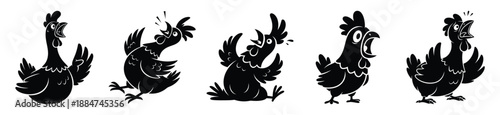 Silhouette of cartoon shocked chicken vector icon set. Funny silhouette design vector stock illustration
