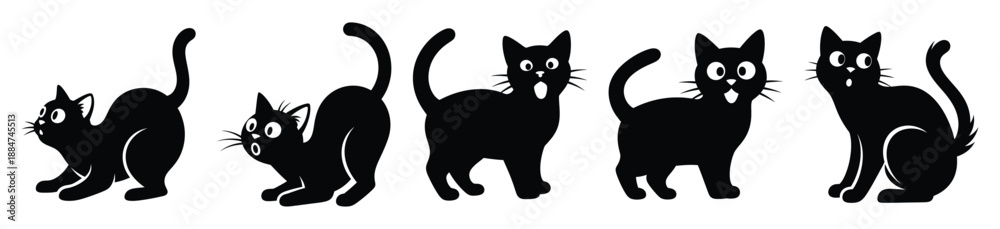 Obraz premium Silhouette of comedic surprised cat vector icon set. Funny silhouette design vector stock illustration